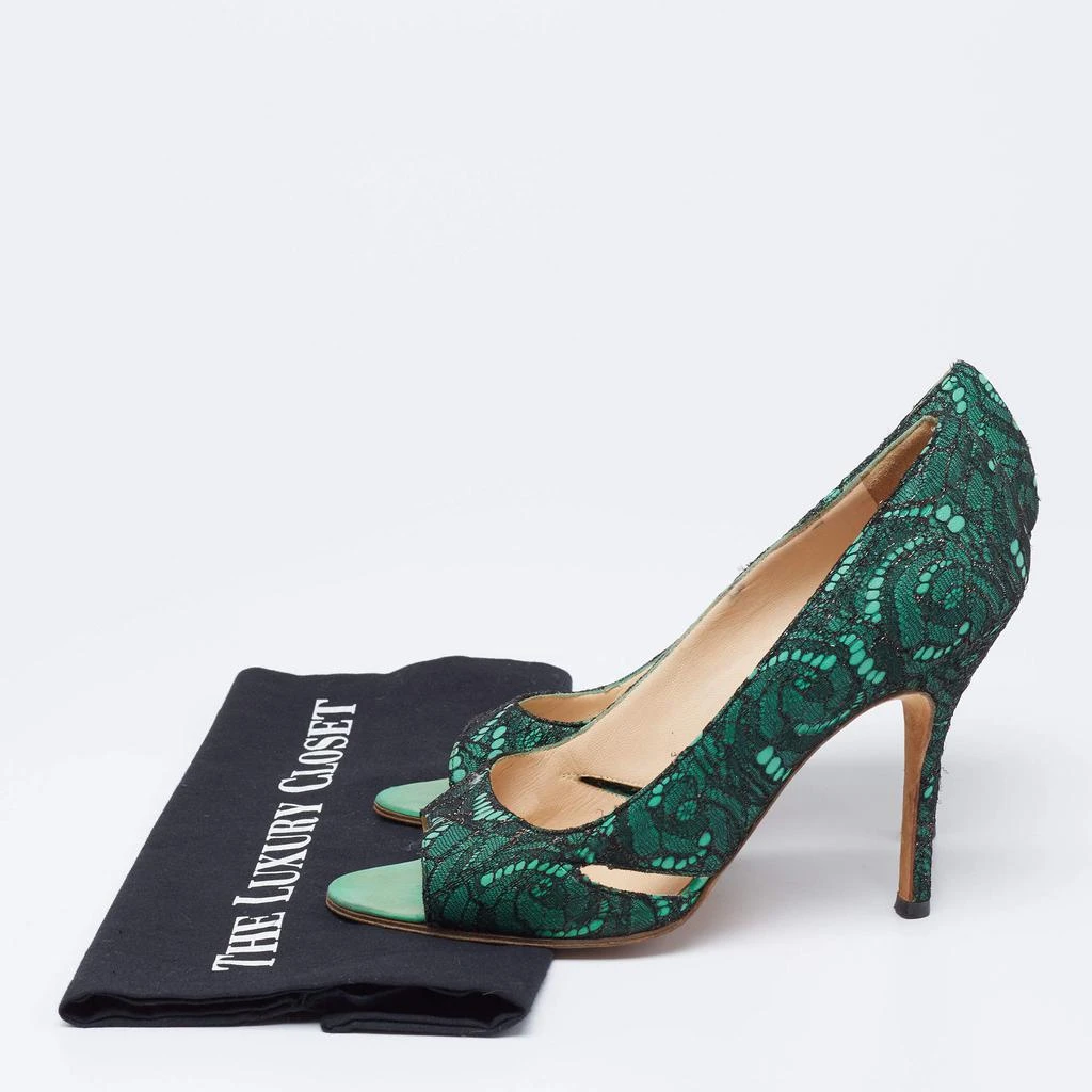 Manolo Blahnik Black/Green Lace and Leather Open-Toe Pumps Size 38.5 商品