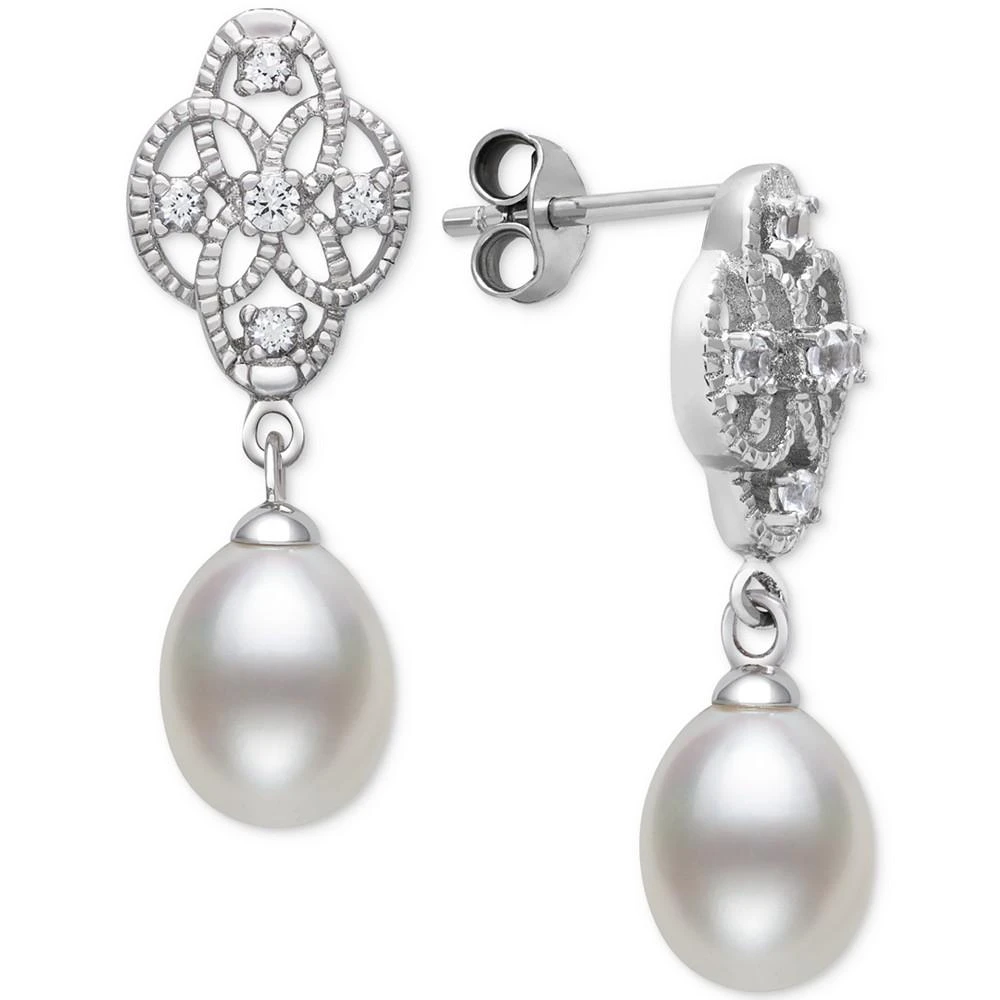 商品Belle de Mer|Cultured Freshwater Pearl (7-8mm) & Lab-Created White Sapphire (1/6 ct. t.w.) Drop Earrings in Sterling Silver,价格¥930,第1张图片