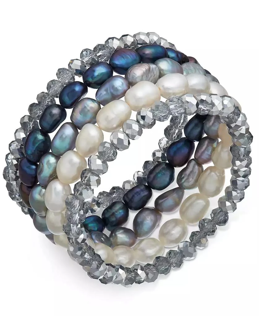 商品Macy's|5-Pc. Set White, Gray & Peacock Cultured Freshwater Baroque Pearl (7mm) and Rondel Crystal Stretch Bracelets,价格¥238,第1张图片