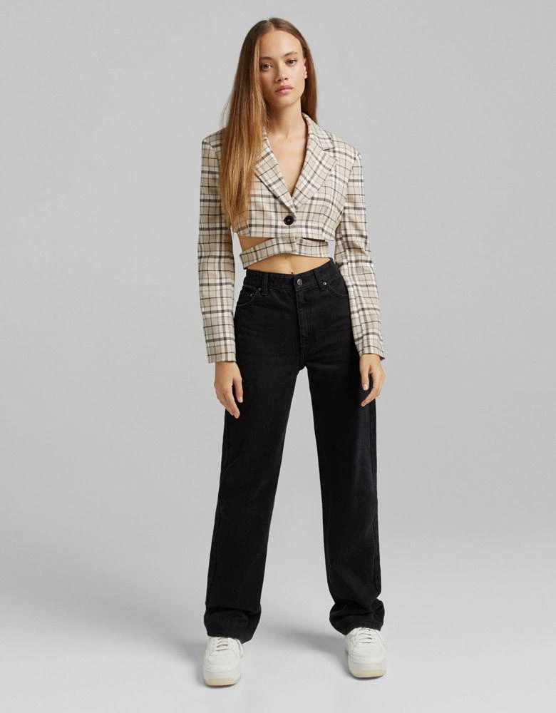 商品Bershka|Bershka cropped blazer co-ord in beige check,价格¥217,第4张图片详细描述