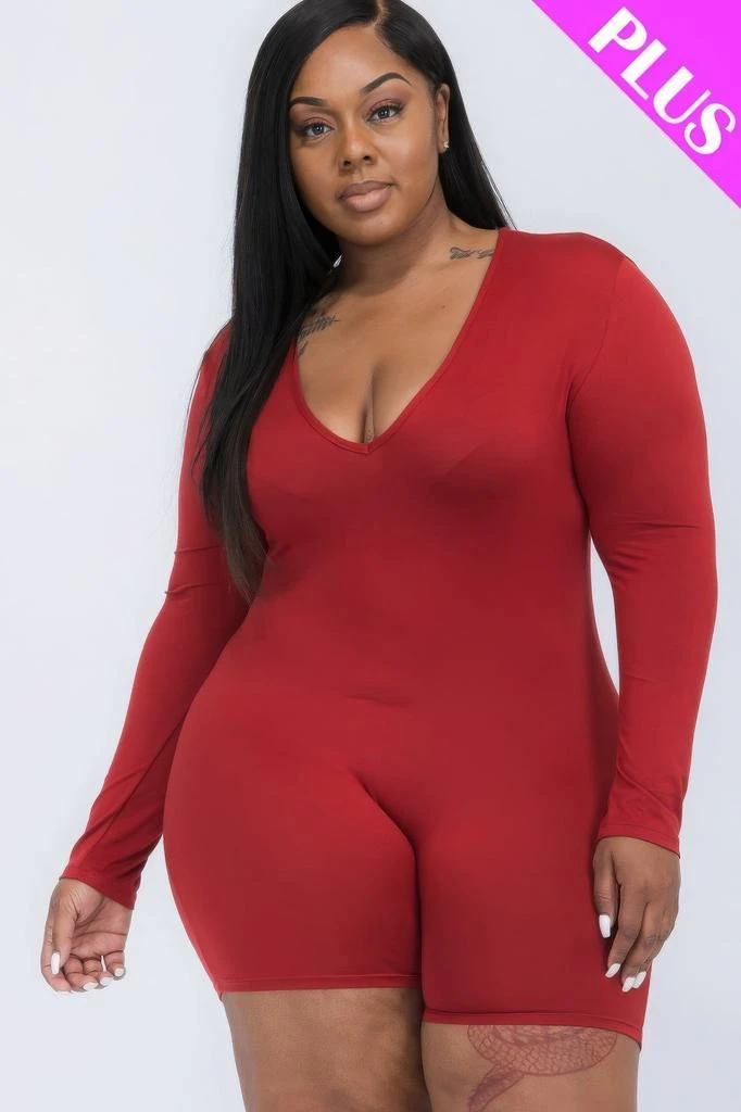 Women's Plus V-neck Long Sleeve Bodycon Romper 商品
