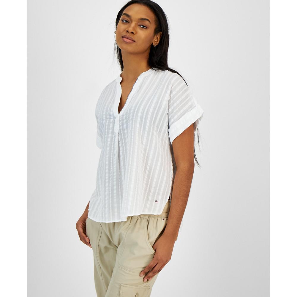Women's Cotton Seersucker Damask-Stripe Popover Shirt商品第1张图片规格展示