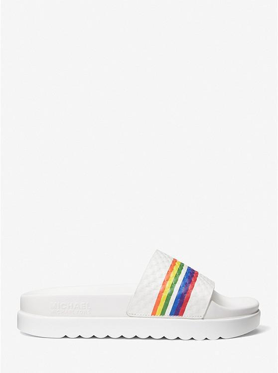 商品Michael Kors|Tyra Rainbow Stripe Embossed Leather Slide Sandal,价格¥363,第4张图片详细描述