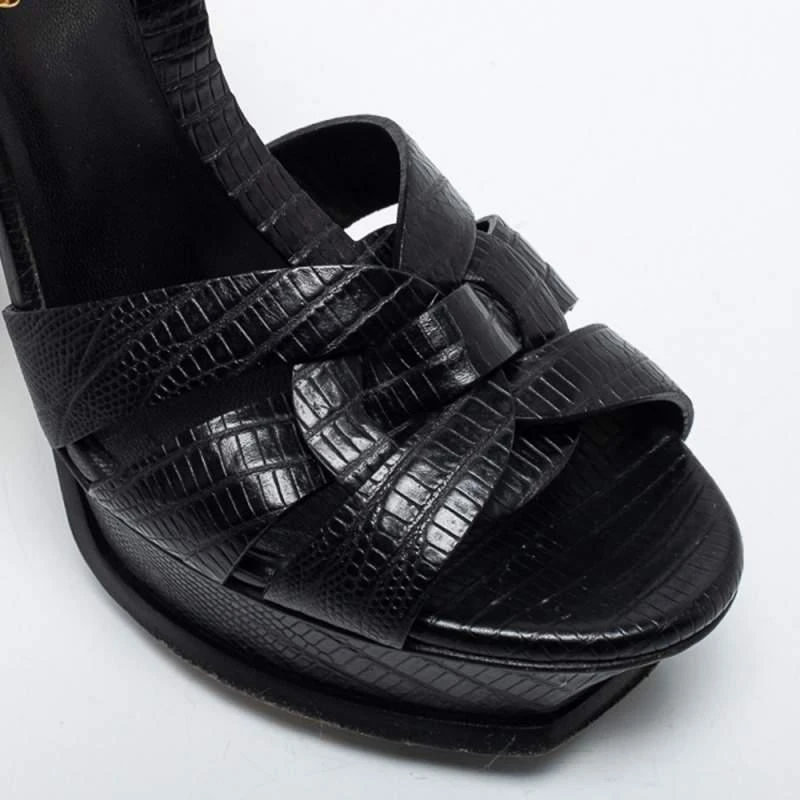 Yves Saint Laurent Black Lizard Embossed Leather Tribute  Ankle Strap Sandals Size 37.5 商品