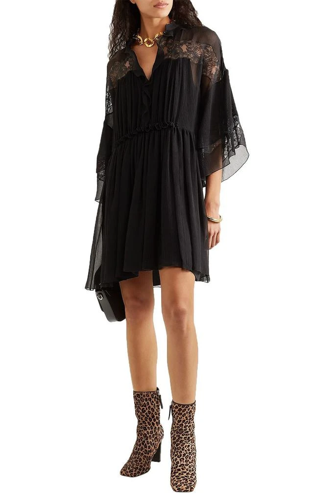 商品Chloé|Lace-paneled ruffled plissé-silk georgette mini dress,价格¥3852,第4张图片详细描述