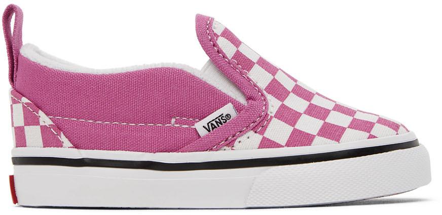 Baby Pink & White Checkerboard Slip-On V Sneakers商品第1张图片规格展示