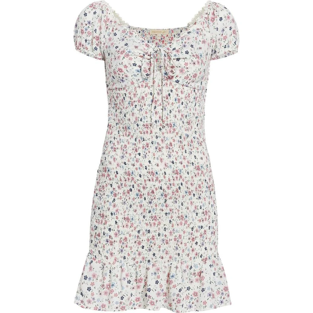 商品Madden Girl|Madden Girl Women's Smocked Floral Print Short Sleeve Ruffled Mini Dress,价格¥48,第2张图片详细描述