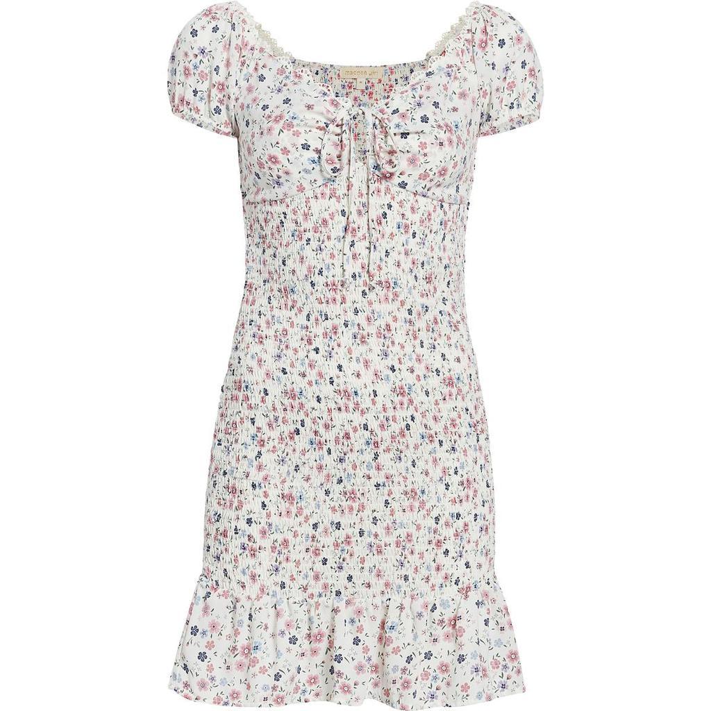 商品Madden Girl|Madden Girl Women's Smocked Floral Print Short Sleeve Ruffled Mini Dress,价格¥59,第1张图片