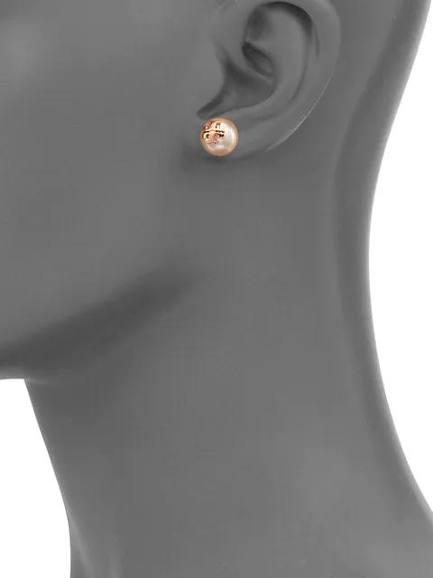 Crystal-Pearl Rose Goldtone Logo Stud Earrings商品第2张图片规格展示