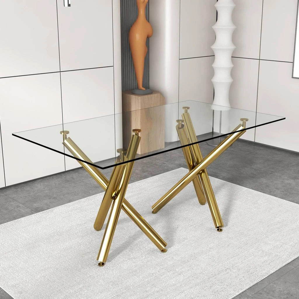 商品Streamdale Furniture|Streamdale Modern Glass Dining Table, 6-8 Seat, Gold Legs, 71",价格¥4363,第1张图片
