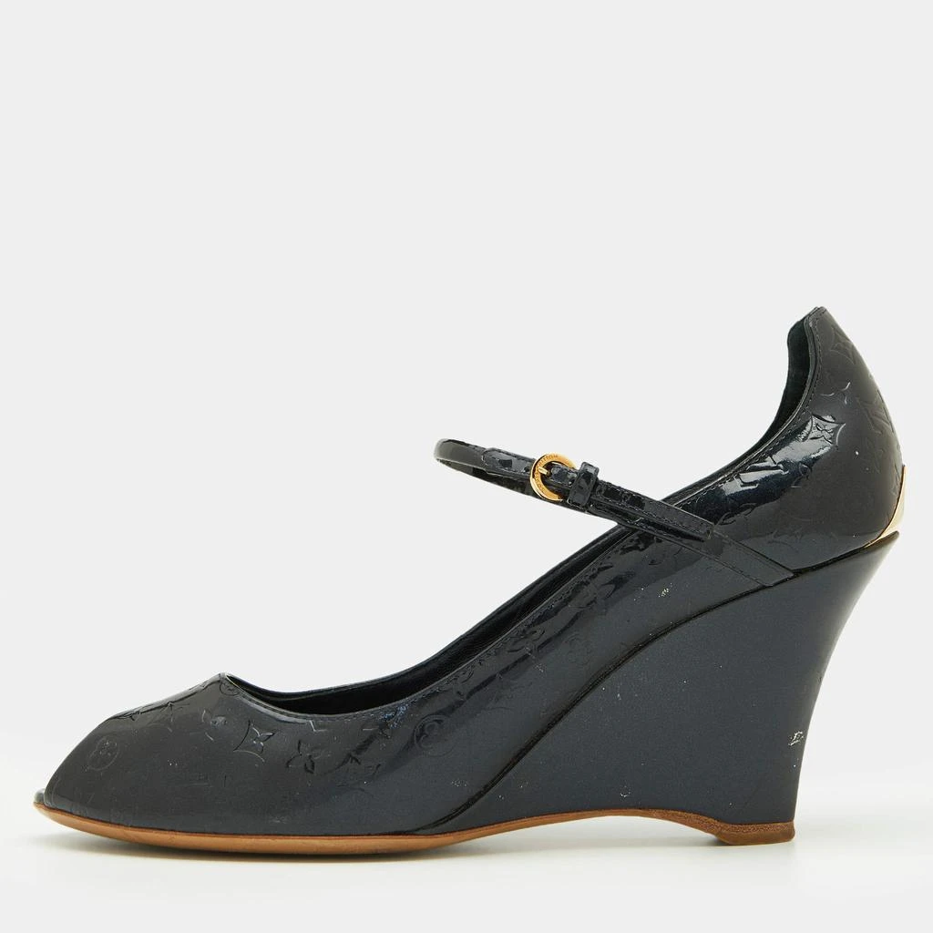 商品[二手商品] Louis Vuitton|Louis Vuitton Navy Blue Monogram Patent Leather Peep Toe Ankle Strap Wedge Pumps Size 38.5,价格¥2669,第1张图片