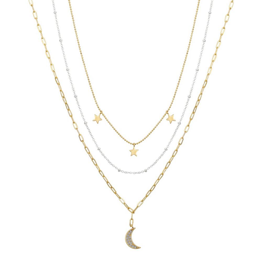 14K Two-Tone Gold Crystal Moon Pendant on a Link Chain, Beaded Chain and Beaded Triple Star Chain, 3-Piece Necklace Set商品第1张图片规格展示