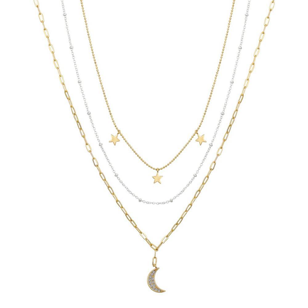 商品Unwritten|14K Two-Tone Gold Crystal Moon Pendant on a Link Chain, Beaded Chain and Beaded Triple Star Chain, 3-Piece Necklace Set,价格¥215,第1张图片