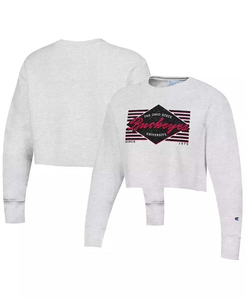 商品CHAMPION|Women's Heather Gray Distressed Ohio State Buckeyes Reverse Weave Cropped Pullover Sweatshirt,价格¥360,第1张图片