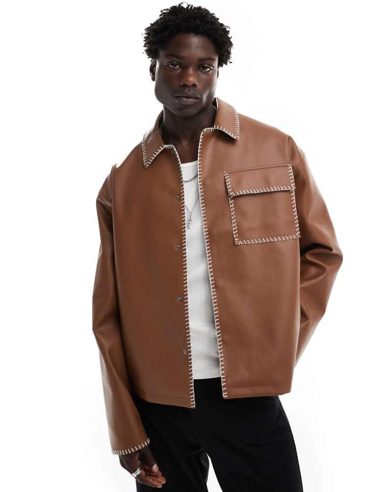 商品ASOS|ASOS DESIGN oversized faux leather harrington jacket with contrast stich in brown,价格¥367,第1张图片