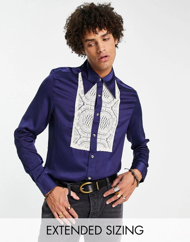 商品[国内直发] ASOS|ASOS DESIGN satin shirt with lace bib and 70s collar in navy,价格¥138,第1张图片