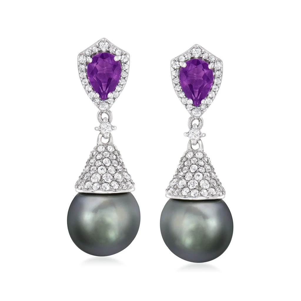 商品Ross-Simons|Ross-Simons 10.5-11mm Black Cultured Tahitian Pearl,  Amethyst and White Topaz Drop Earrings in Sterling Silver,价格¥1472,第1张图片