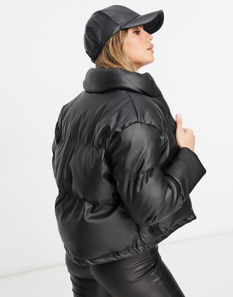 Brave Soul tropic faux leather puffer jacket in black商品第2张图片规格展示