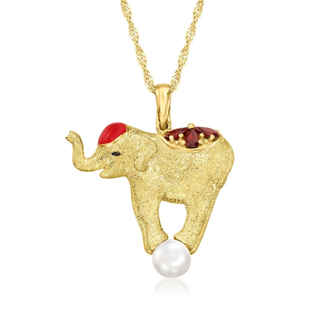 商品Ross-Simons|Ross-Simons 7-7.5mm Cultured Pearl, . Garnet and Red Enamel Elephant Pendant Necklace With Black Spinel Accent in 18kt Gold Over Sterling,价格¥1035,第1张图片