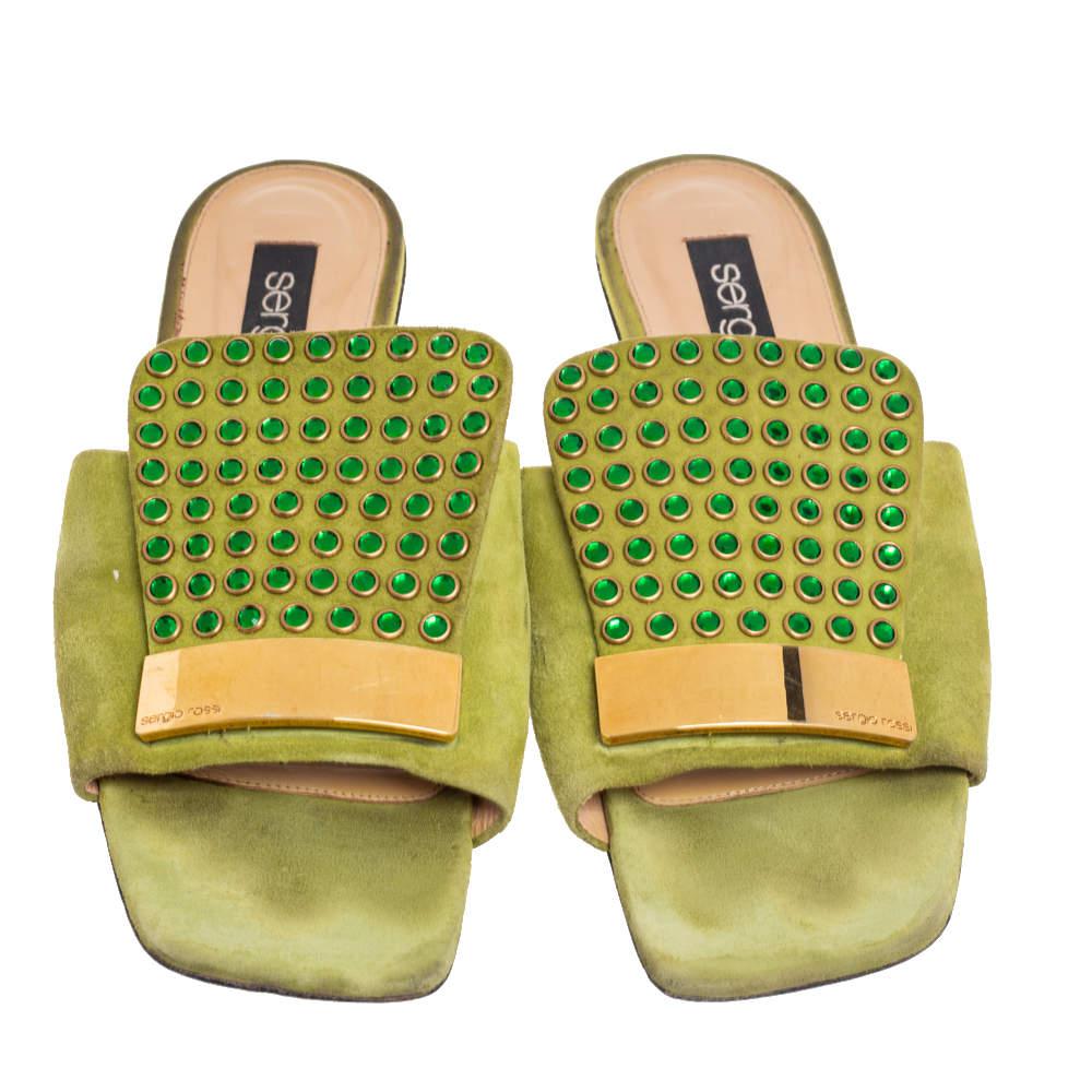 Sergio Rossi Green Suede Studded Flat Slides Size 36.5商品第3张图片规格展示