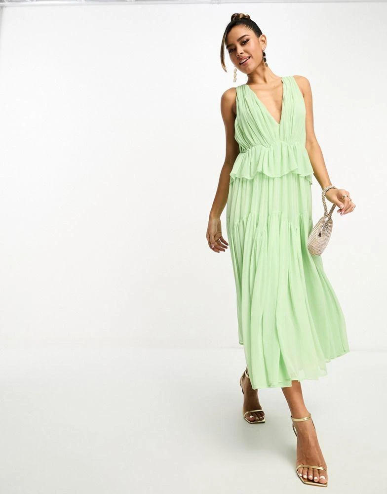 商品ASOS|ASOS DESIGN plunge pleated tiered midi dress in sage green,价格¥285,第1张图片
