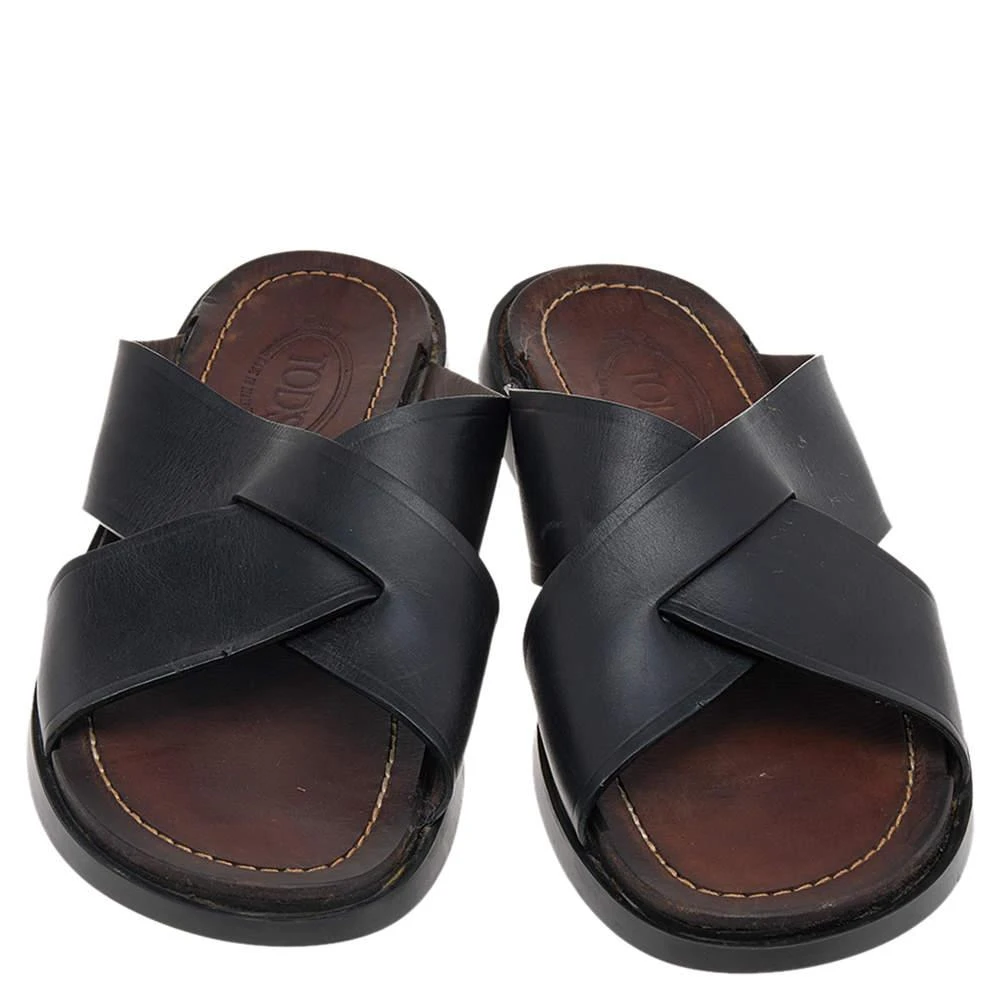 商品[二手商品] Tod's|Tod's Black Leather Criss Cross Flat Slides Size 43,价格¥1678,第3张图片详细描述