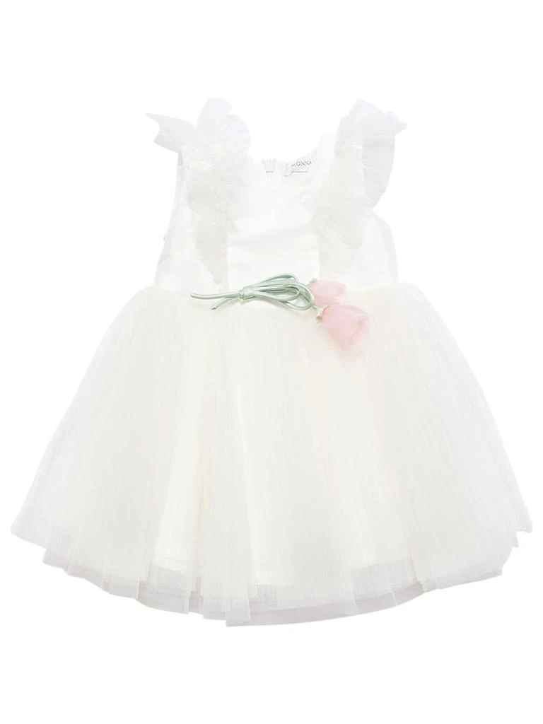 商品MONNALISA|Tulle & Cotton Dress W/ Flower Appliqué,价格¥1021,第1张图片