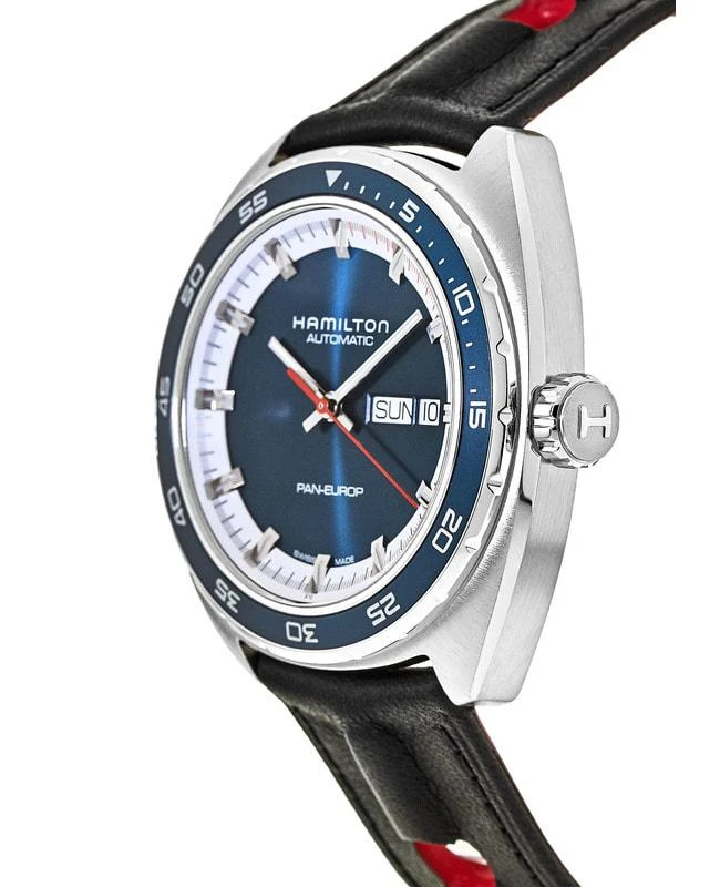 商品Hamilton|Hamilton American Classic Pan Europ Auto Blue Dial Black Leather Strap Men's Watch H35405741,价格¥6675,第3张图片详细描述