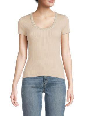 商品Tahari|Faux Pearl Embellished Ribbed Top,价格¥252,第1张图片