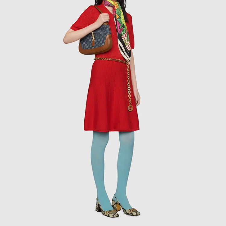 商品[国内直发] Gucci|古驰 Jackie 1961 金色锁扣老花满印可拆卸延长肩带 帆布拼皮革饰边 帆布包半月腋下包 单肩包 小号 女款 棕蓝拼色,价格¥14421,第8张图片详细描述