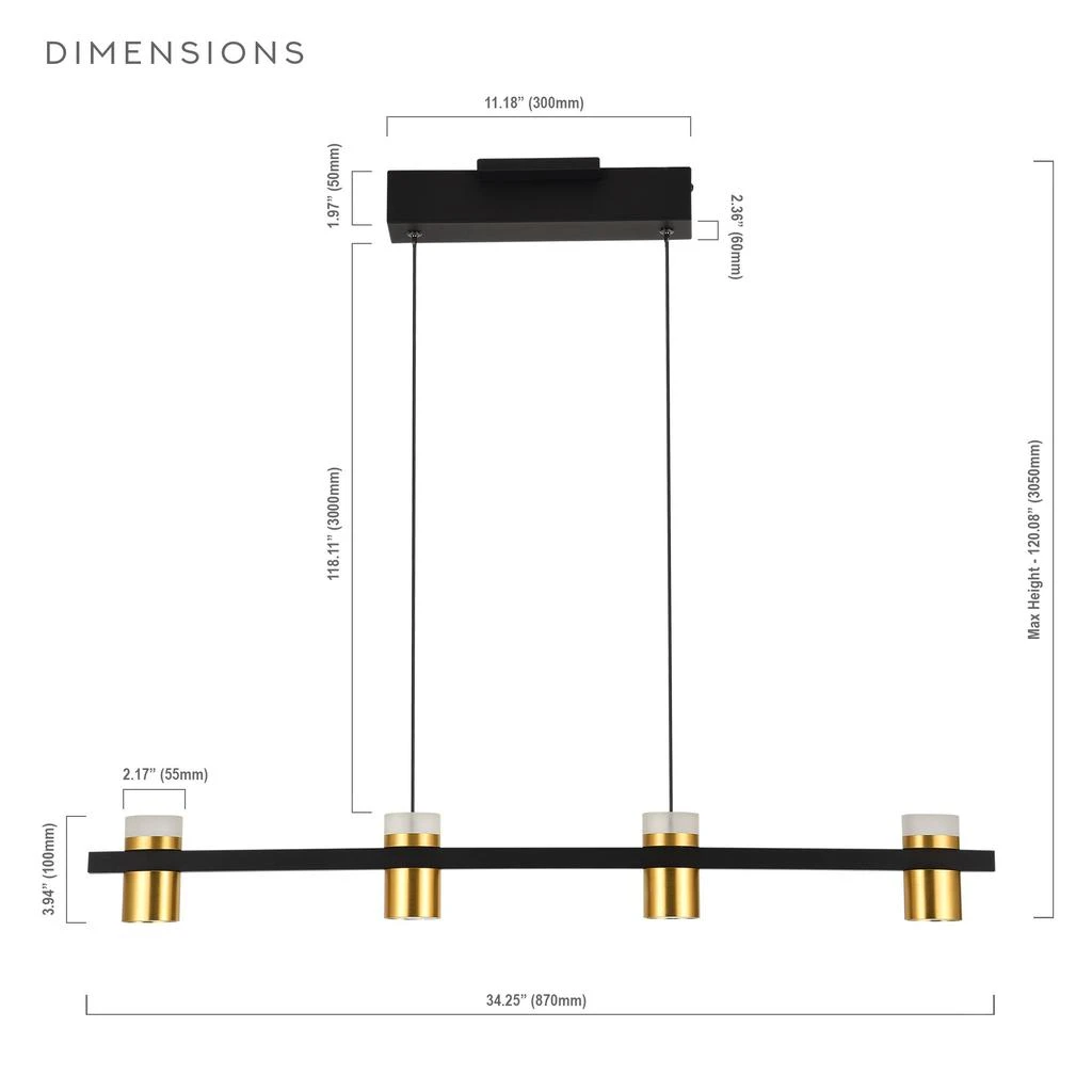 商品VONN Lighting|Ferro VMC34334BL 34" Up-Down 4-Light Pendant Lighting Height Adjustable Integrated LED Black Linear Chandelier,价格¥2293,第5张图片详细描述