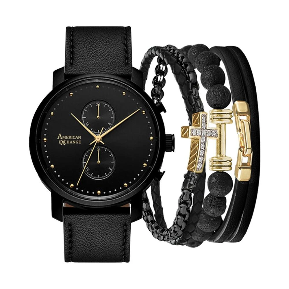 商品American Exchange|Men's Black Faux-Leather Strap Watch 44mm Gift Set,价格¥180,第1张图片