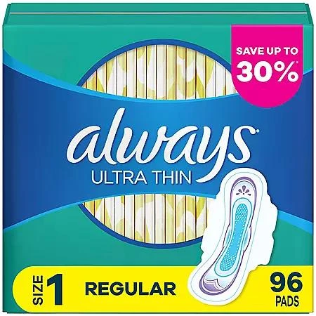 商品Always|Always Ultra Thin Regular Pads with Flexi-Wings, Unscented, Size 1, 96 ct.,价格¥117,第1张图片