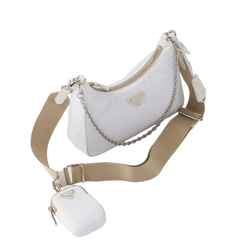 【预售3-7天】PRADA/普拉达 22春夏新款Re-Edition2005系列 女士白色尼龙皮革饰边可拆卸小袋金标米色肩带单肩包1BH204_R064_F0009_V_V1L 商品