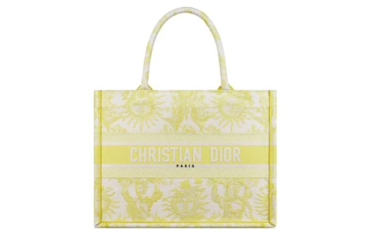 商品[国内直发] Dior|迪奥 品牌徽标大容量 刺绣 托特包Tote包购物袋手提包 中号 女款 黄色,价格¥19430,第1张图片