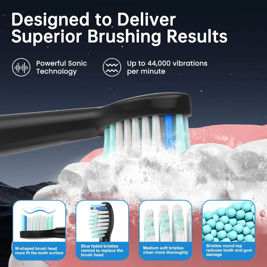 YUNCHI Electric Toothbrush for Adults, Sonic Toothbrush, Rechargeable Electric Toothbrush with 4 Brush Heads,5 Modes & 2 Minutes Smart Timer,Waterproof,Battery Toothbrush,Black 商品