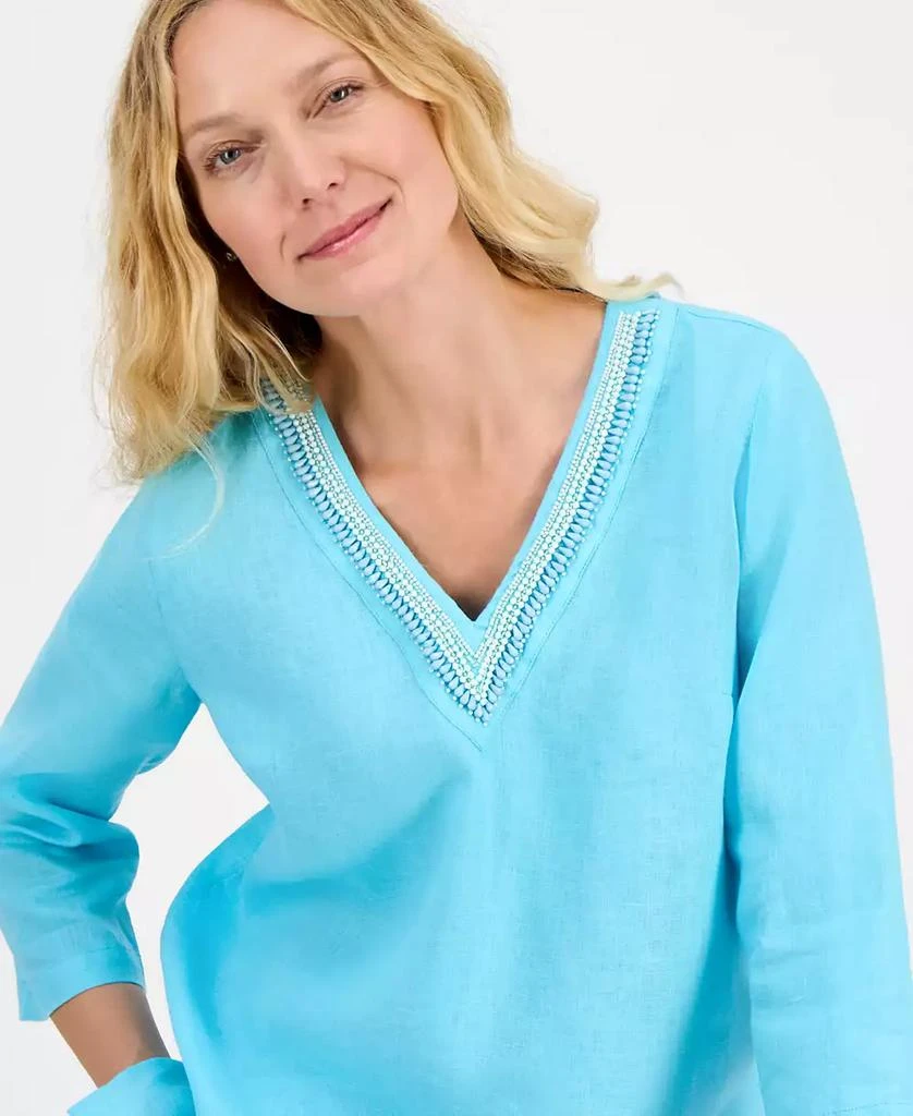 商品Charter Club|Petite Embellished V-Neck 3/4-Sleeve Linen Top, Exclusively at Macy's,价格¥355,第4张图片详细描述