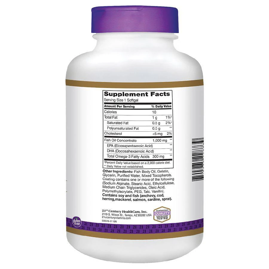 商品21st Century|Enteric Coated Fish Oil 1000mg, Reflux Free,价格¥49,第3张图片详细描述