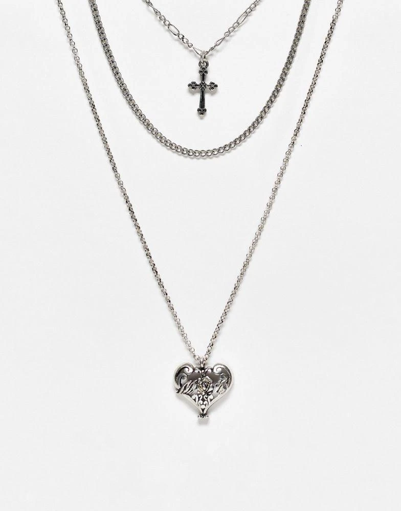 商品Reclaimed Vintage|Reclaimed Vintage inspired multi row mecklace with burnished heart and cross,价格¥129,第1张图片