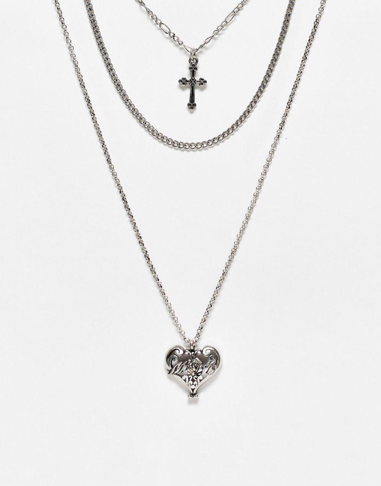 商品Reclaimed Vintage|Reclaimed Vintage inspired multi row mecklace with burnished heart and cross,价格¥125,第1张图片