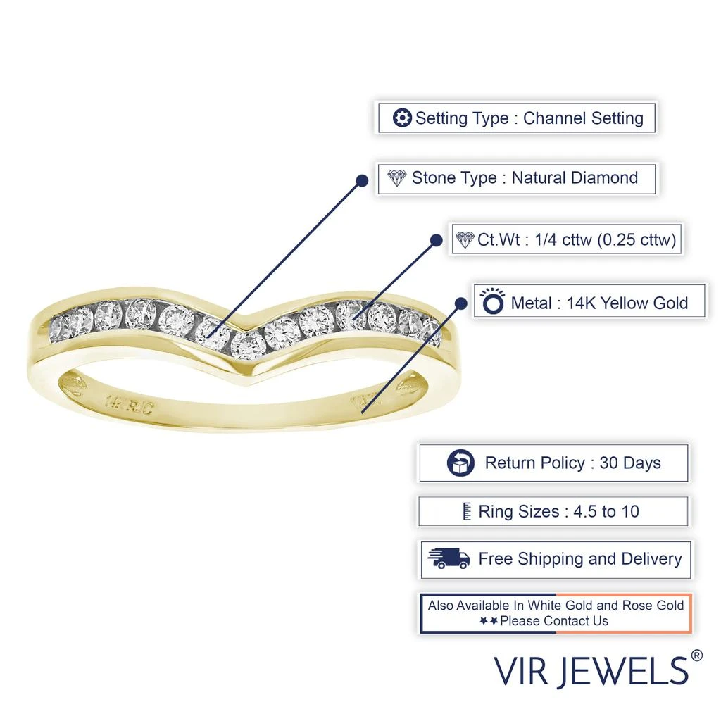 商品Vir Jewels|1/4 cttw Diamond Wedding Band for Women, V Shape Round Diamond Wedding Band in 14K Yellow Gold Channel Set,价格¥2529,第4张图片详细描述