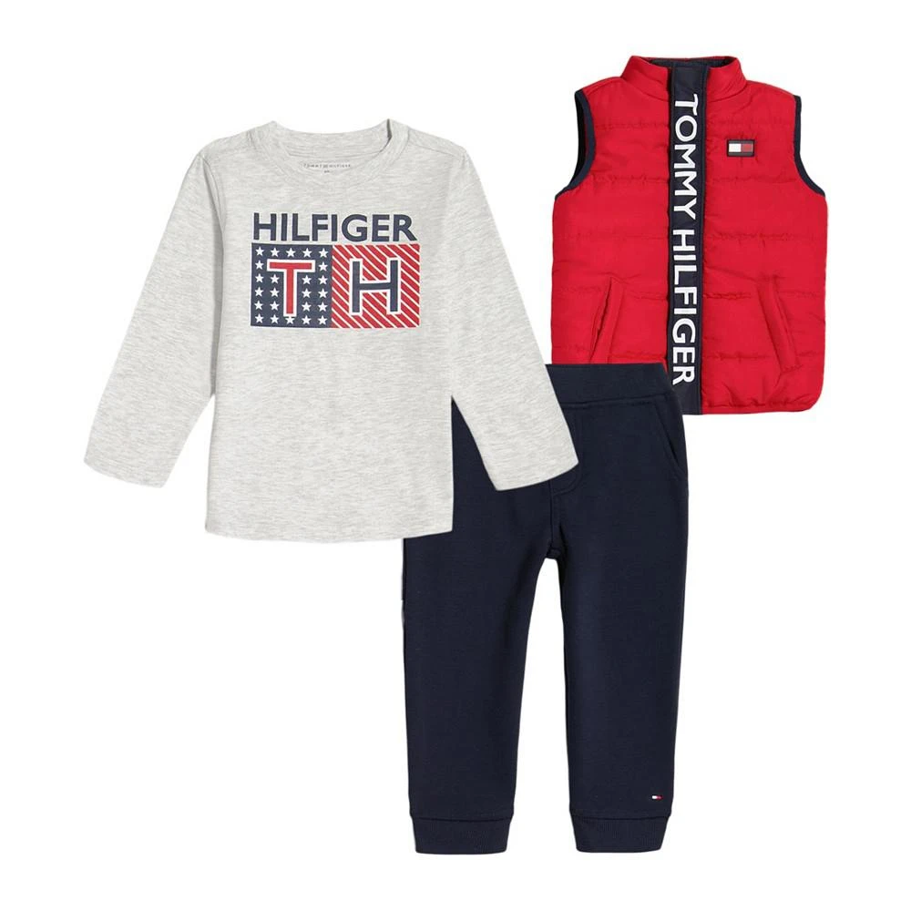 商品Tommy Hilfiger|Baby Boys Logo T-shirt, Logo-Print Puffer Vest and Fleece Joggers, 3 Piece Set,价格¥314,第1张图片