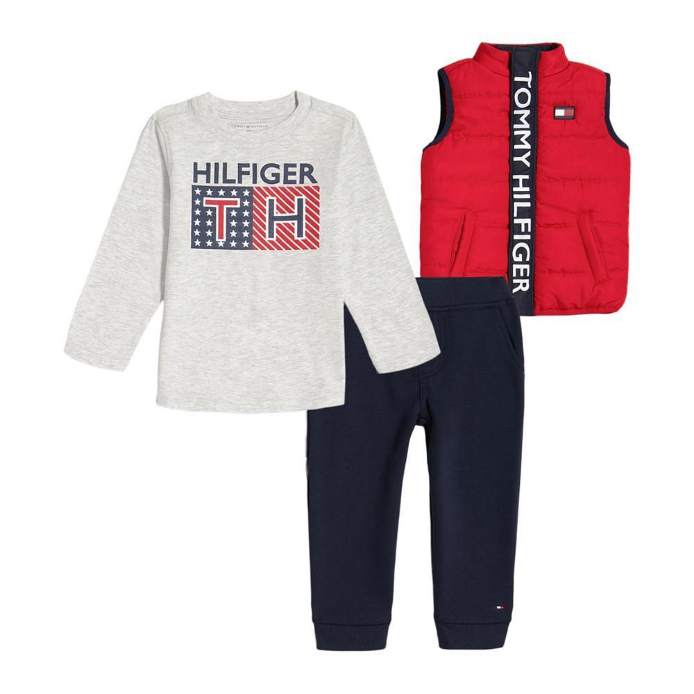 商品Tommy Hilfiger|Baby Boys Logo T-shirt, Logo-Print Puffer Vest and Fleece Joggers, 3 Piece Set,价格¥207,第1张图片