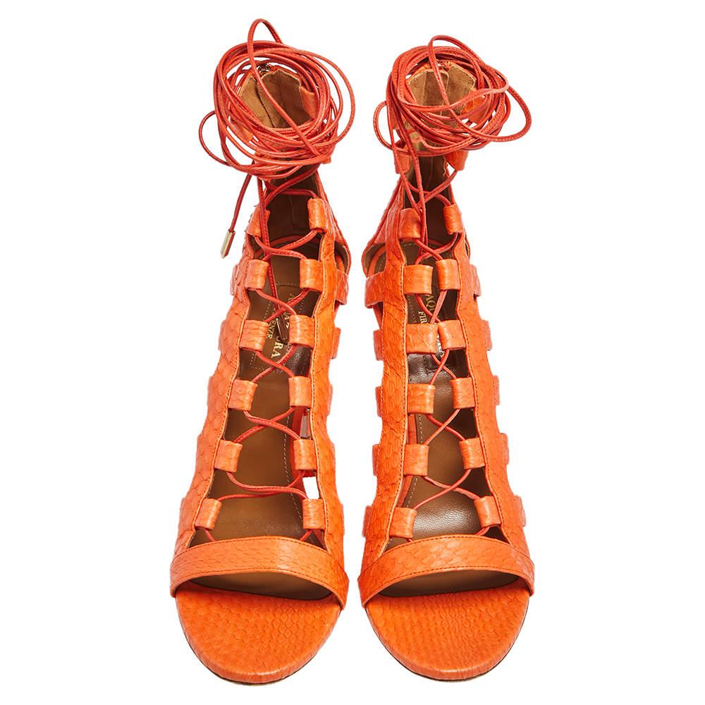 Aquazzura Orange Python Leather Amazon Lace Up Open Toe Sandals Size 40商品第3张图片规格展示