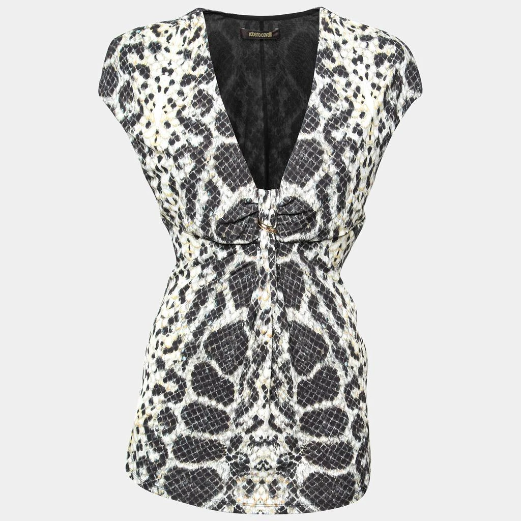 商品[二手商品] Roberto Cavalli|Roberto Cavalli Beige and Black Python Printed Jersey Ruched Detailed Blouse M,价格¥1052,第1张图片