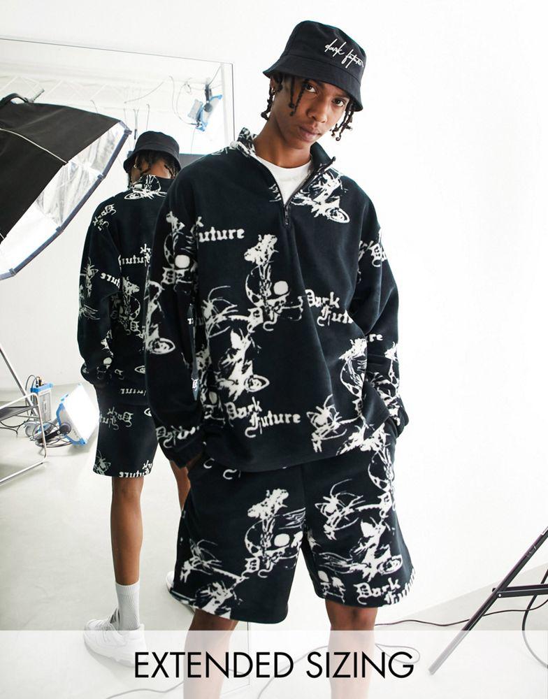 ASOS Dark Future co-ord oversized quarter zip sweatshirt in polar fleece with all over logo print in black商品第1张图片规格展示