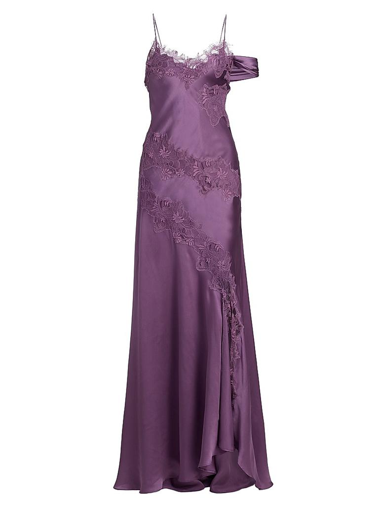 amur reese off-shoulder cascade lace satin maxi dress Amur Women's Reese Cascade Lace Gown - Violet Daze