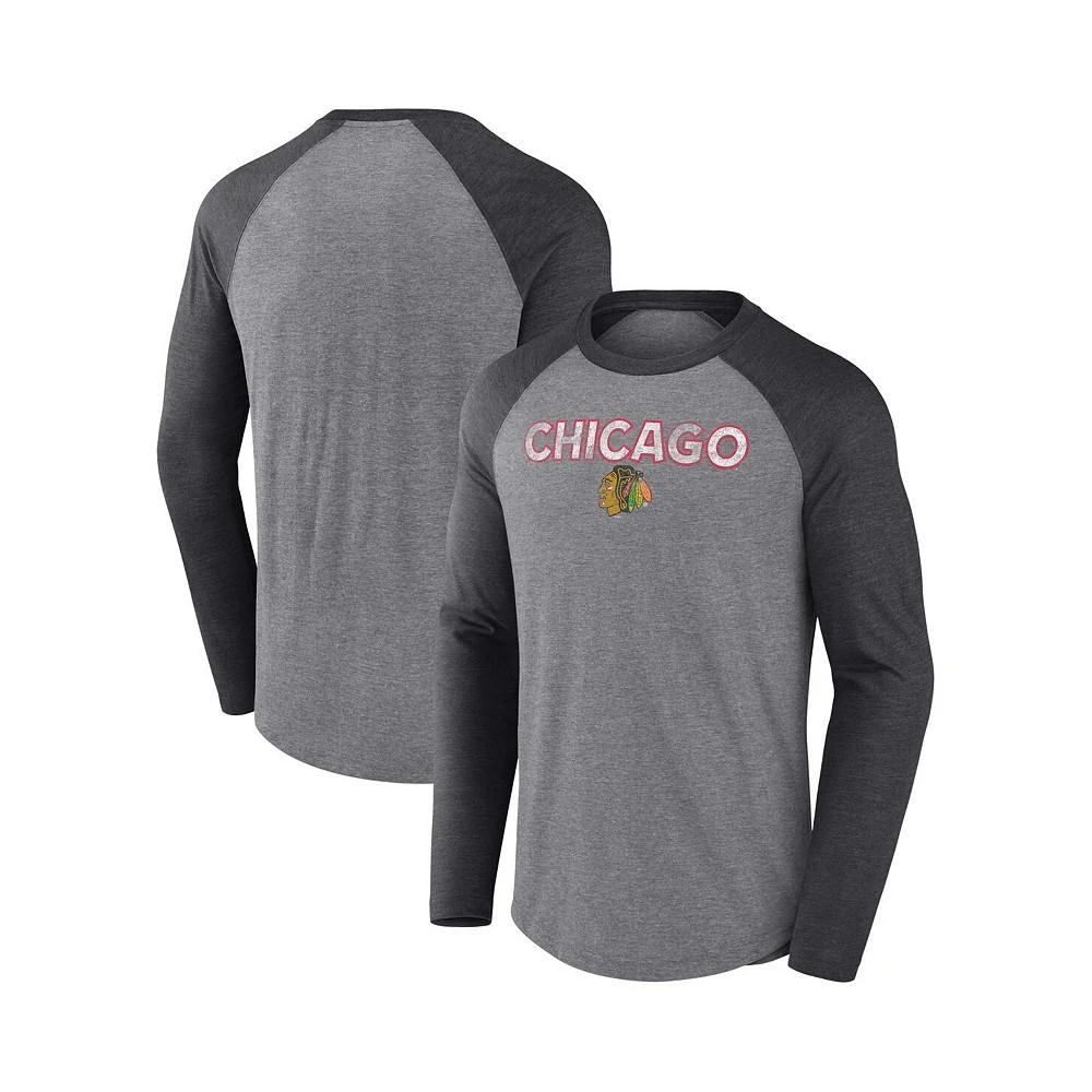 商品Fanatics|Men's Branded Heather Gray, Black Chicago Blackhawks Special Edition 2.0 Long Sleeve Raglan T-shirt,价格¥341,第1张图片