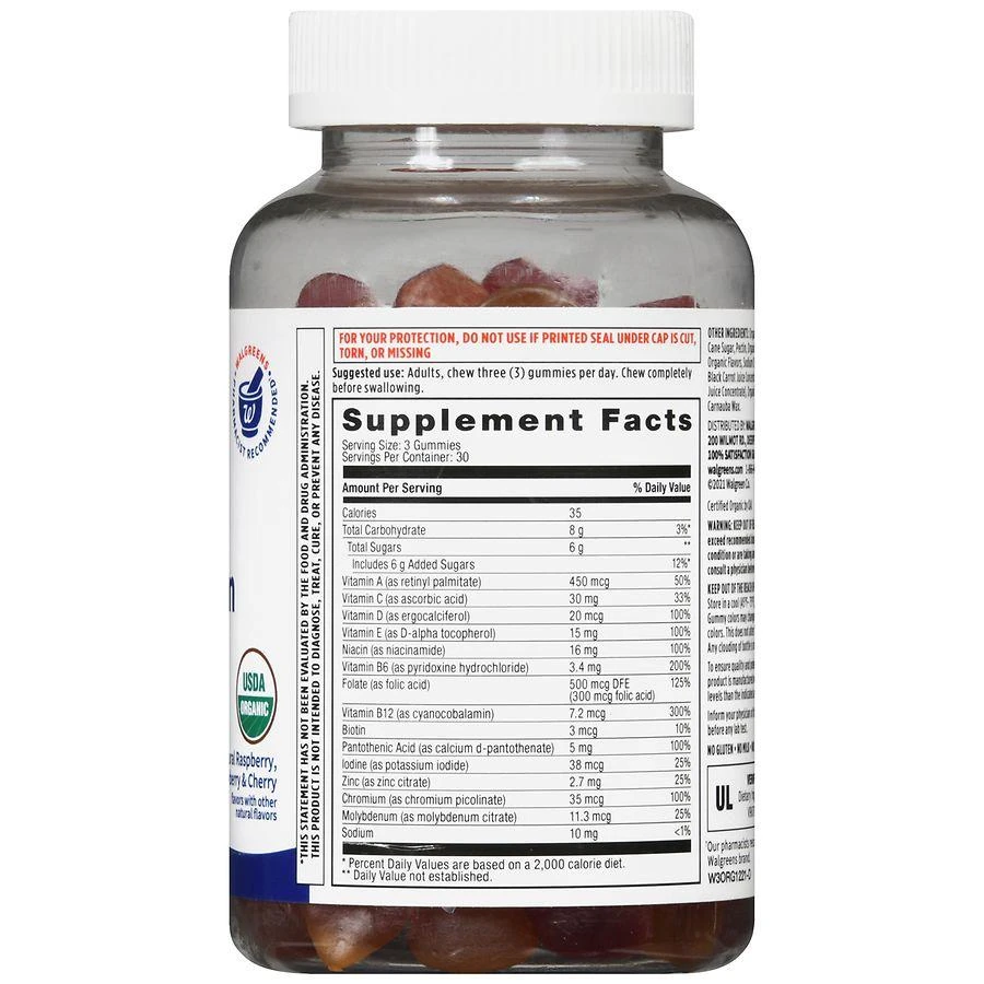 商品Walgreens Free & Pure|Organic Men's Multivitamin Gummies (30 days) Natural Raspberry, Strawberry & Cherry,价格¥112,第4张图片详细描述
