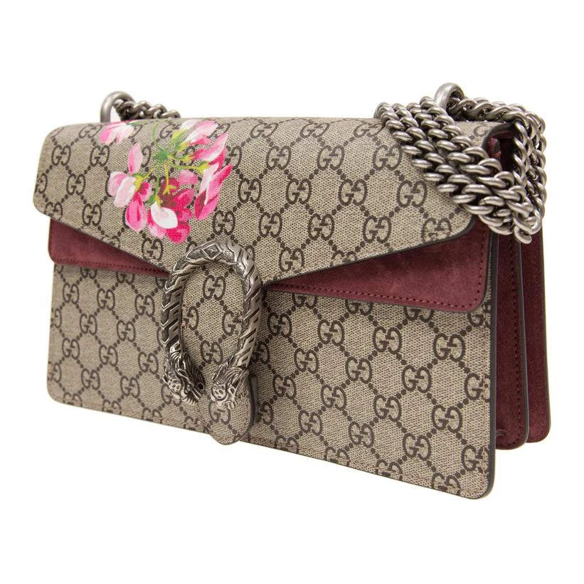 商品[国内直发] Gucci|古驰 Dionysus 酒神GG Blooms 虎头扣 老花Logo 天竺葵印花 帆布拼皮 链条斜挎单肩包 女款 乌木色/粉色,价格¥18790,第3张图片详细描述
